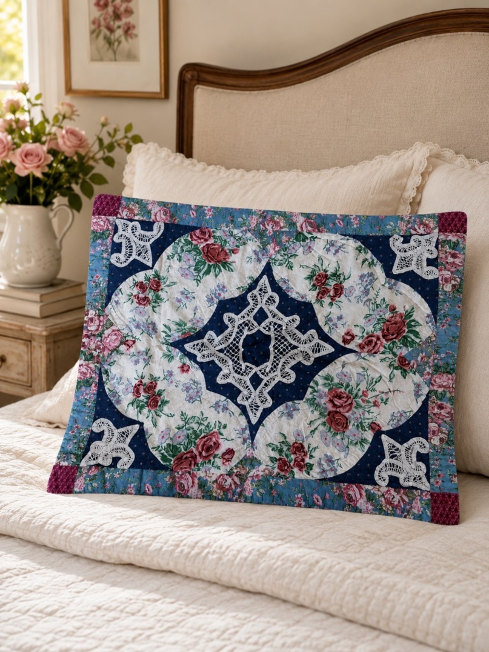 Vintage Keeco Floral Quilted Standard Pillow Sham Patchwork Lace Cottagecore